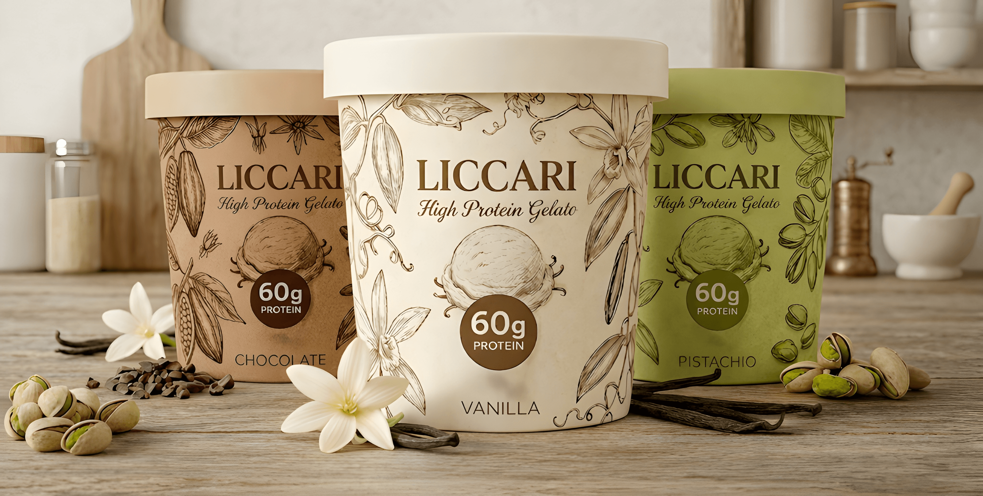 Liccari chocolate, vanilla, and pistachio high protein gelato pints