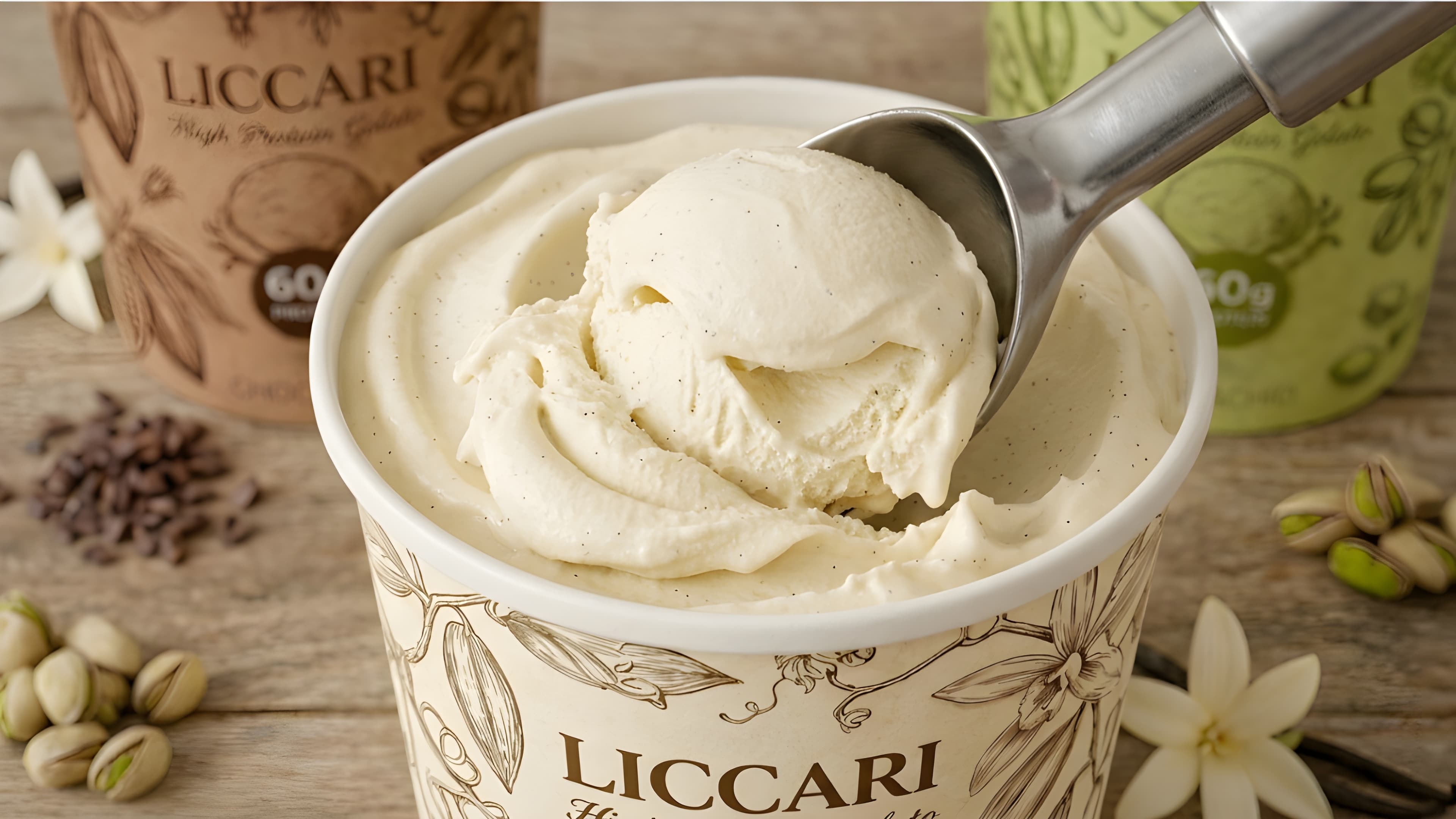 Creamy vanilla gelato being scooped from a Liccari pint